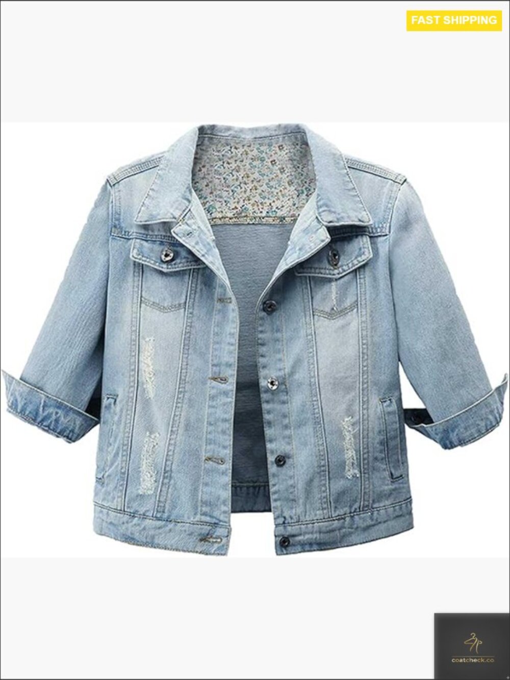 Retro 3/4 Sleeve Distressed Denim Jacket Classic Jean Coat Spring Fall